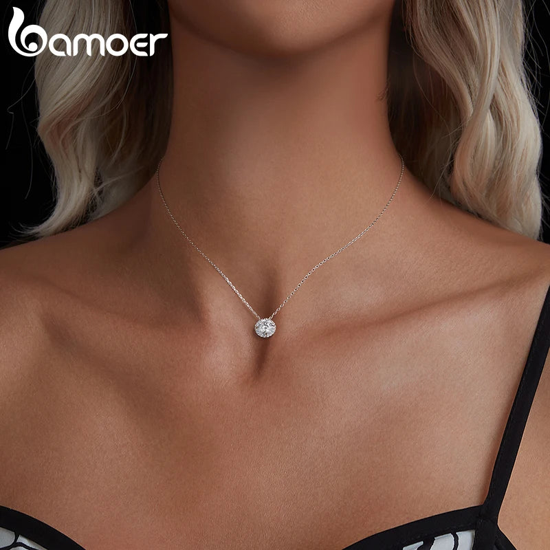 BAMOER 925 Sterling Silver Round Moissanite Necklace, White Gold Plated Classic Elegant Necklace Engagement Jewellry Gift