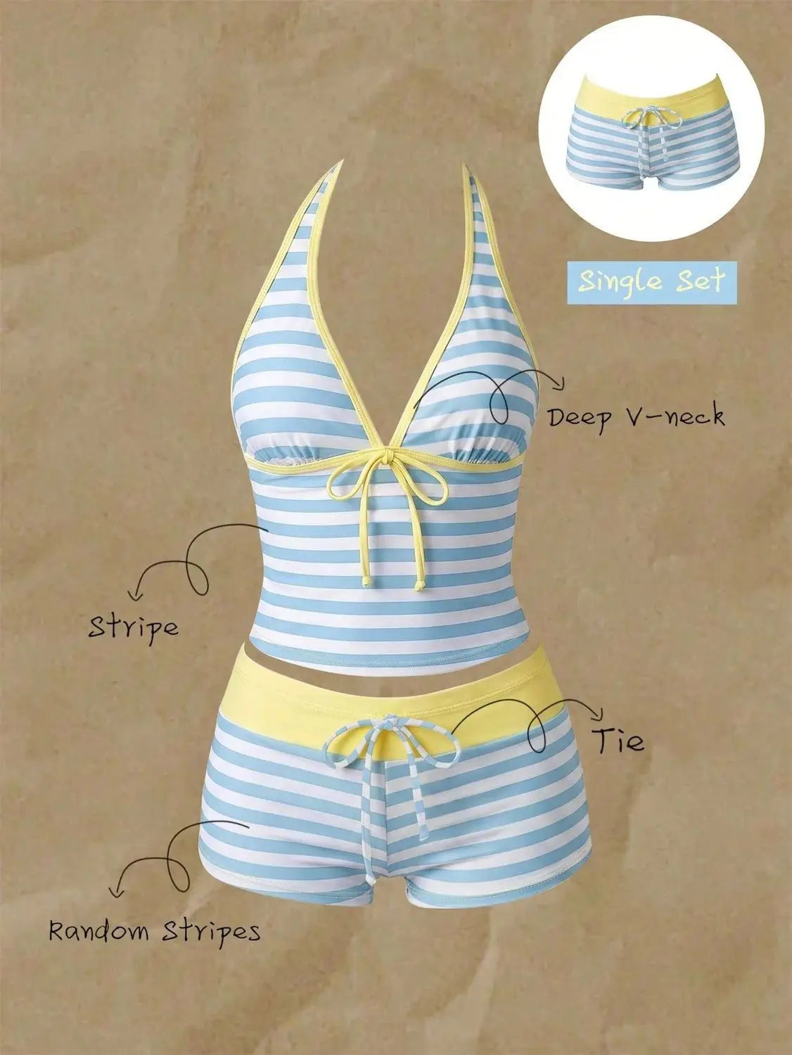 2000s Women's Striped 2 Piece Bikini Sets Y2k American Vintage Crop Tops Swimwear Harajuku Sweet Sexy Beach Bathing Suit Chic