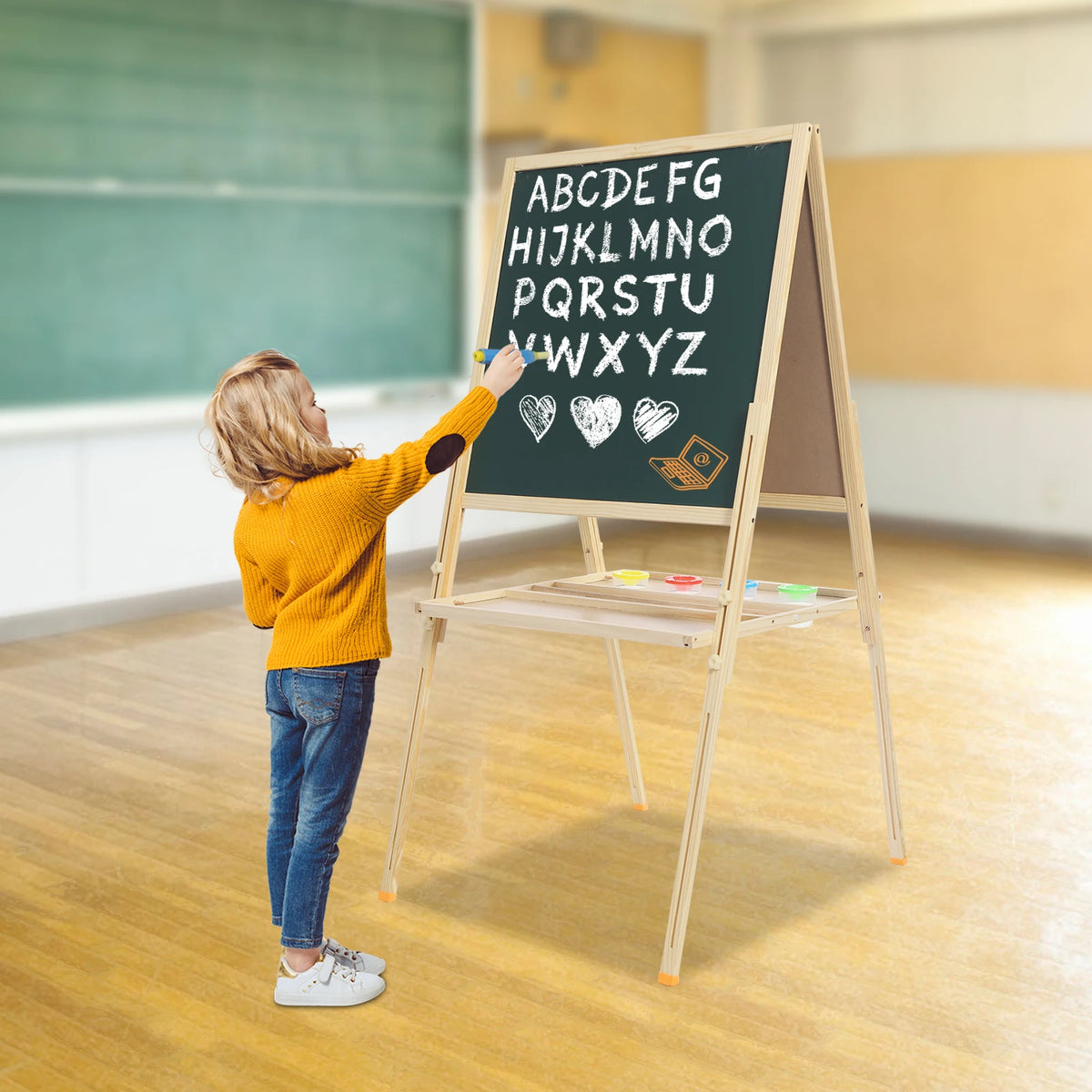 Wooden Kids Art Easel Adjustable 3-in-1 Magnetic Whiteboard & Chalkboard with Accessories for Creative Children Drawing