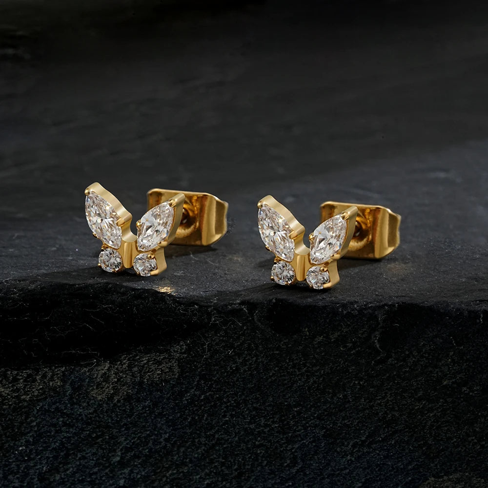 1 Pair Right Grand ASTM F136 Titanium CZ Marquise Butterfly Stud Earrings 20G Gorgeous Insect Push Back Piercing Jewelry Gift