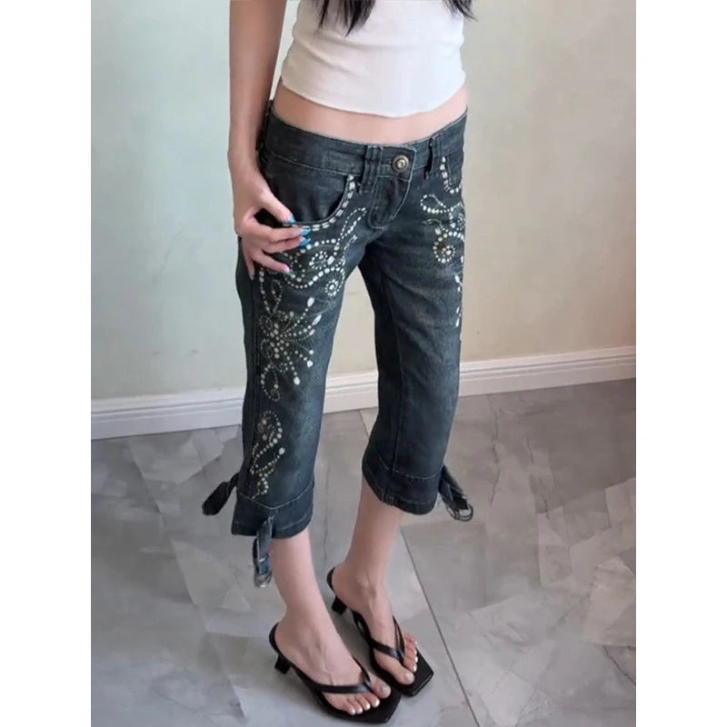 Low Waist Bell Bottom Seven Inch Pants Women's Summer Slim Fit Casual Jeans Retro Gem Print Street Style plus Size