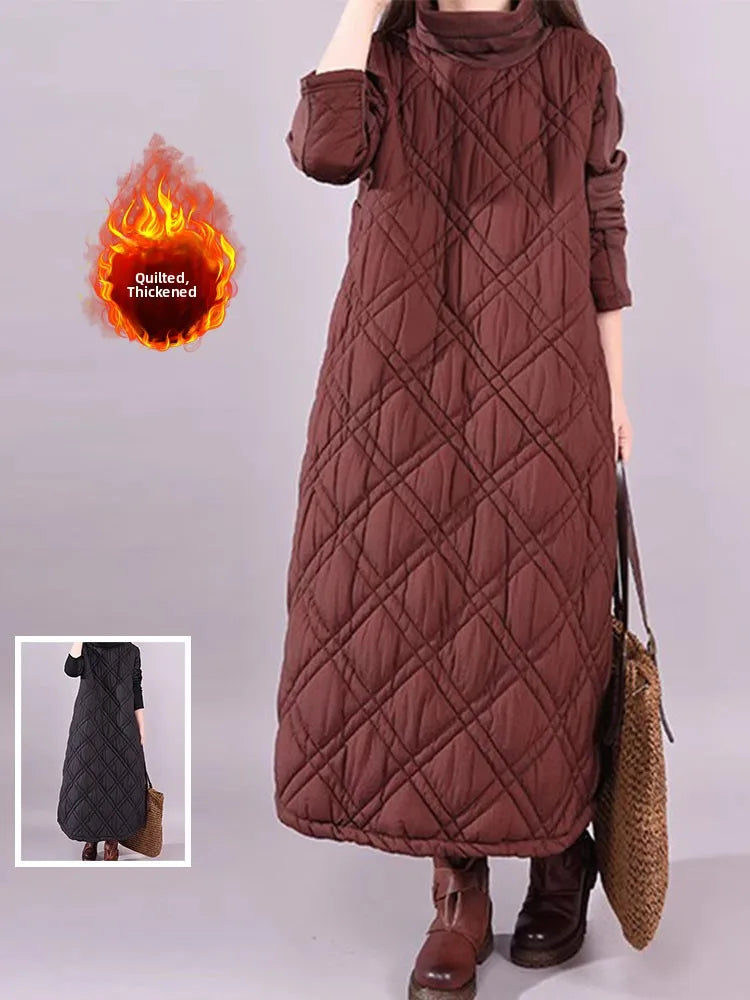 Afashion Casual High Collar Patchwork Thickened Long Women's Dress Winter plus Size Fashionable Splicing Diamond Grid Cotton In