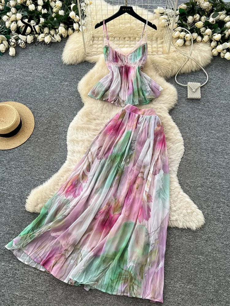 Sets SINGREINY Summer Holiday Lace Spliced Beach Suits Women Strap Pleated Top+A Line Long Skirts French Chiffon Bohe Two Pieces Sets