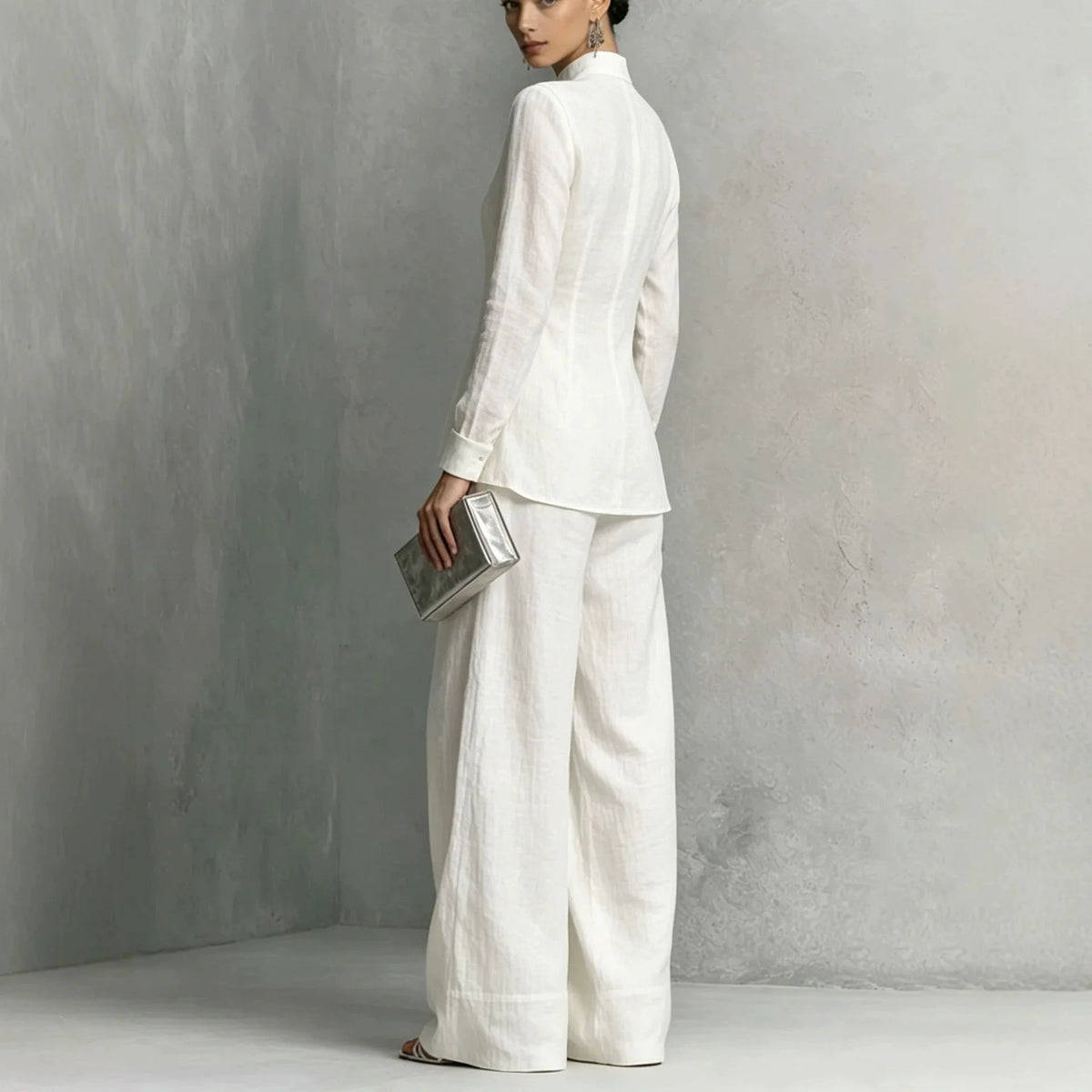 Women Linen 2 Piece Outfit Set Stand Collar Long Sleeve Slim Shirt High Waist Wide Leg Pants Elegant Office Business Suit