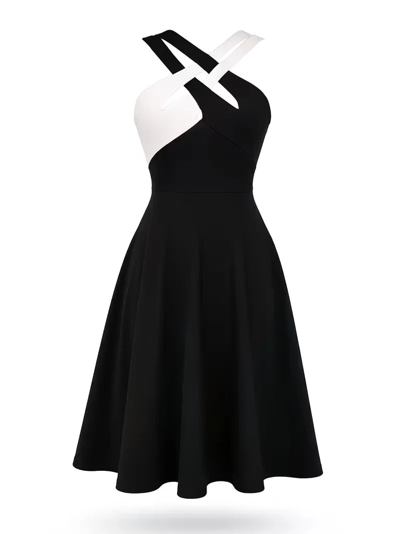 Womens Sexy Sleeveless Criss Cross Midi Patchwork Business Casual Party Fit And Flare A-Line Swing Dress