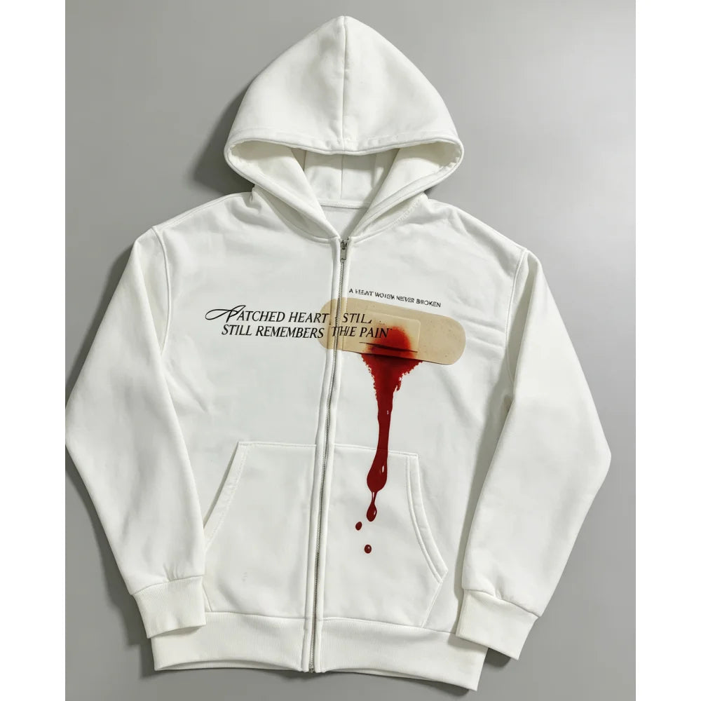 Y2K Gothic Zip Up Hoodie Unisex Bandage Blood Print Full Zipper Hooded Sweatshirt A Patched Heart Letter Oversized Streetwear