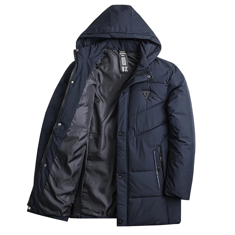 Men Winter Parkas Hooded Thick Warm Jackets Mid-Length Outerwear Fashion Casual Puffer Jacket Solid Blue Black Quilted Coat