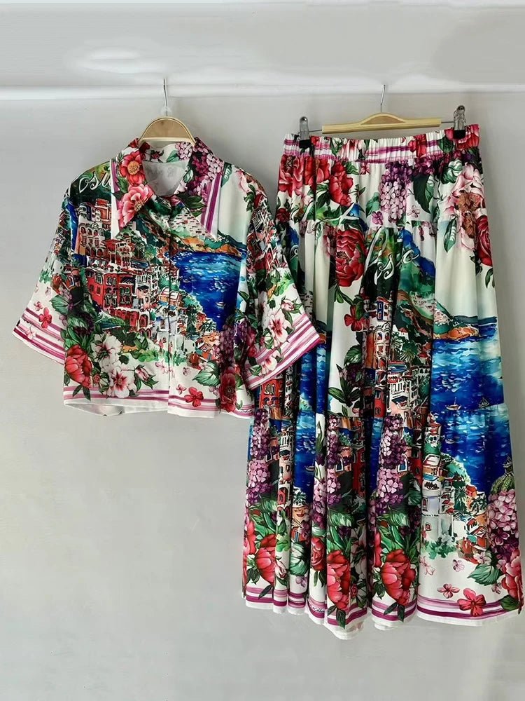 Set Women's Two-piece Skirt 2026 Summer Women's Clothing Retro Printed Lapel Short Shirt Two-piece Set + Loose Large Size Smocked Skirt Fashion Suit