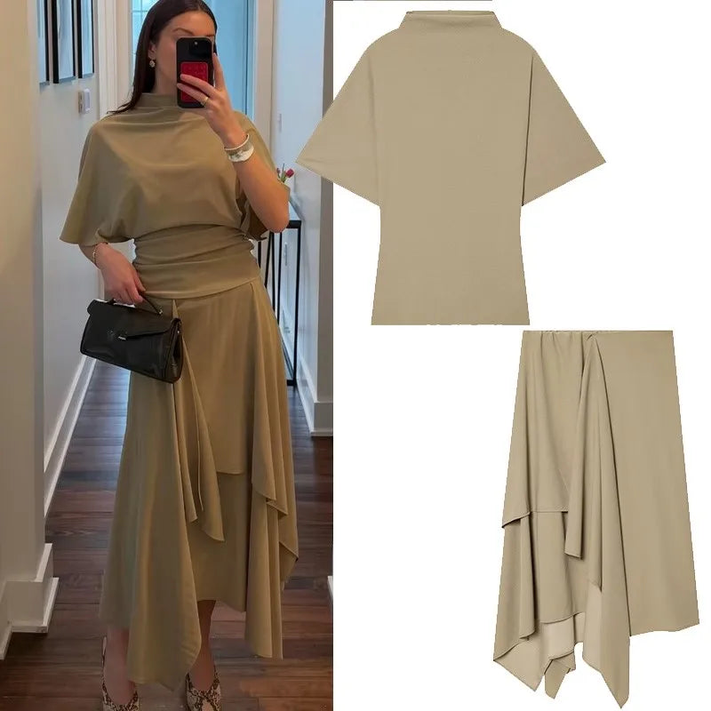 Women's Flowing Midi Waist Skirts Sets 2026 Spring Summer 2 Piece Loose High-Neck Top+ Asymmetric Skirts Female Outfit