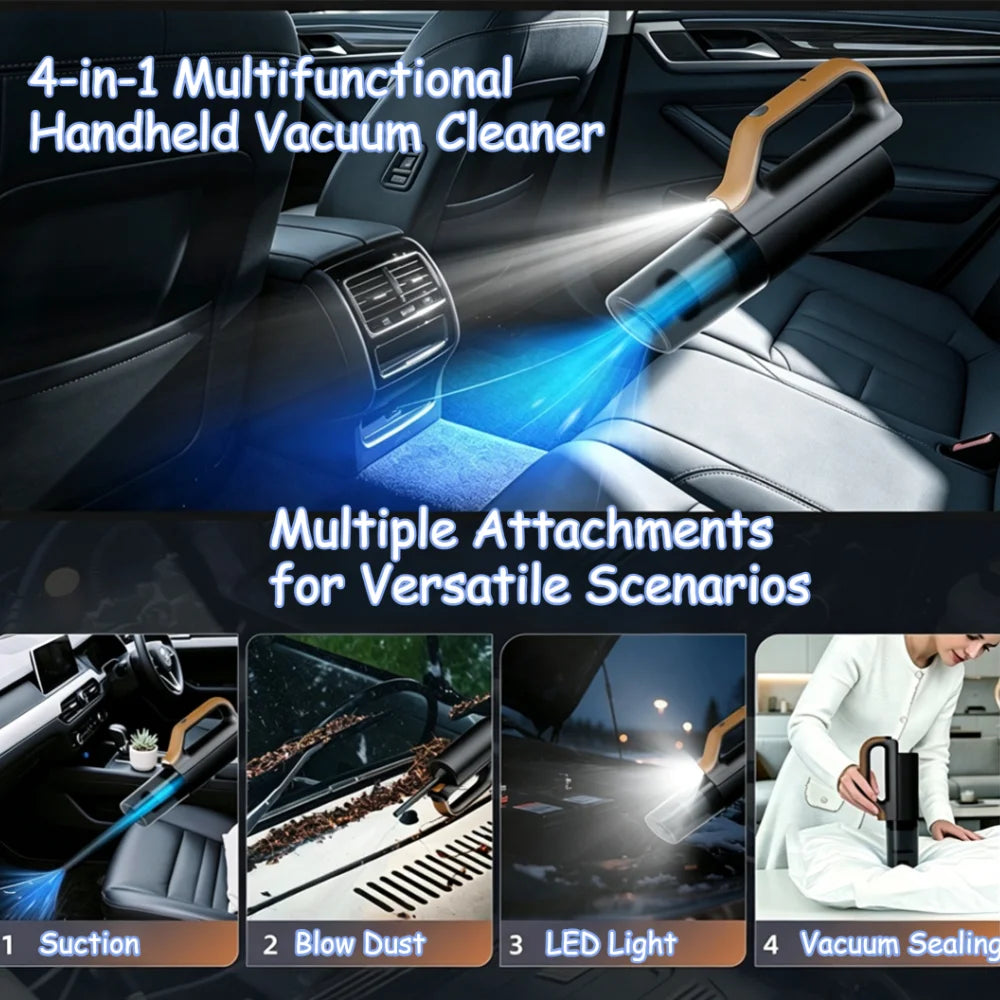 4-in-1 Handheld Cordless Vacuum Cleaner, Multifunctional Car Vacuum, Support Blow & Suction with LED Light for Home Car Cleaning