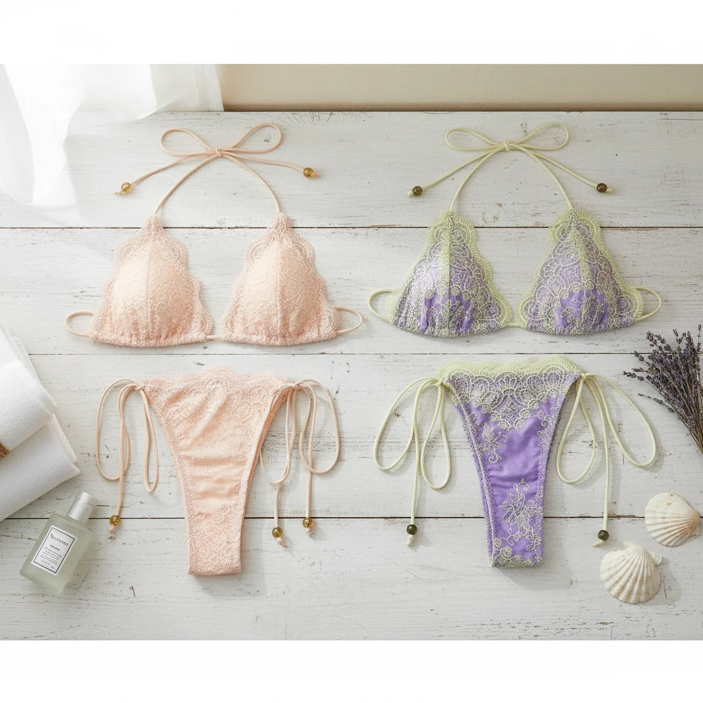 2Pcs/Set Fashion Summer Lace Bikini Set Bandage Patchwork Triangle Swimwear Hollow Casual Beachwear Vacation