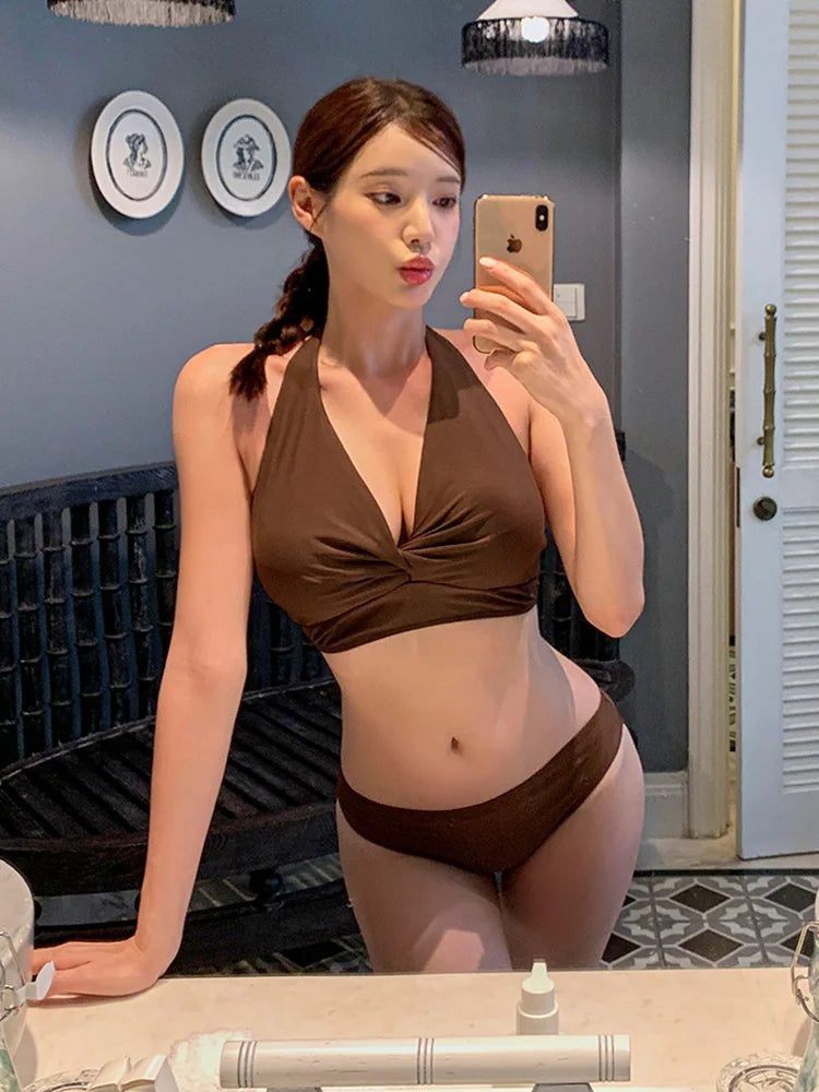 Circyy Three-pieces Swimwear Women Bikinis Set Neck-mounted Shorts Cover-Ups Bathing Suit Korean Sexy Swimsuit Beach Bikinis Set