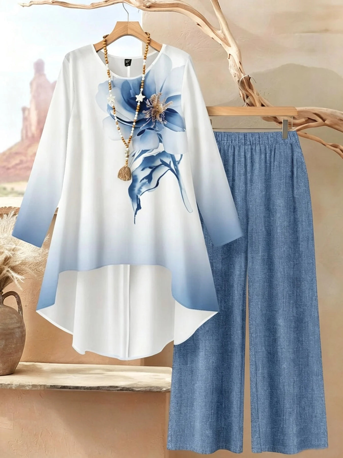 Women's Casual Comfortable Round Neck Printed Long Sleeve Top Elastic Waist Solid Color Pants Set Suit