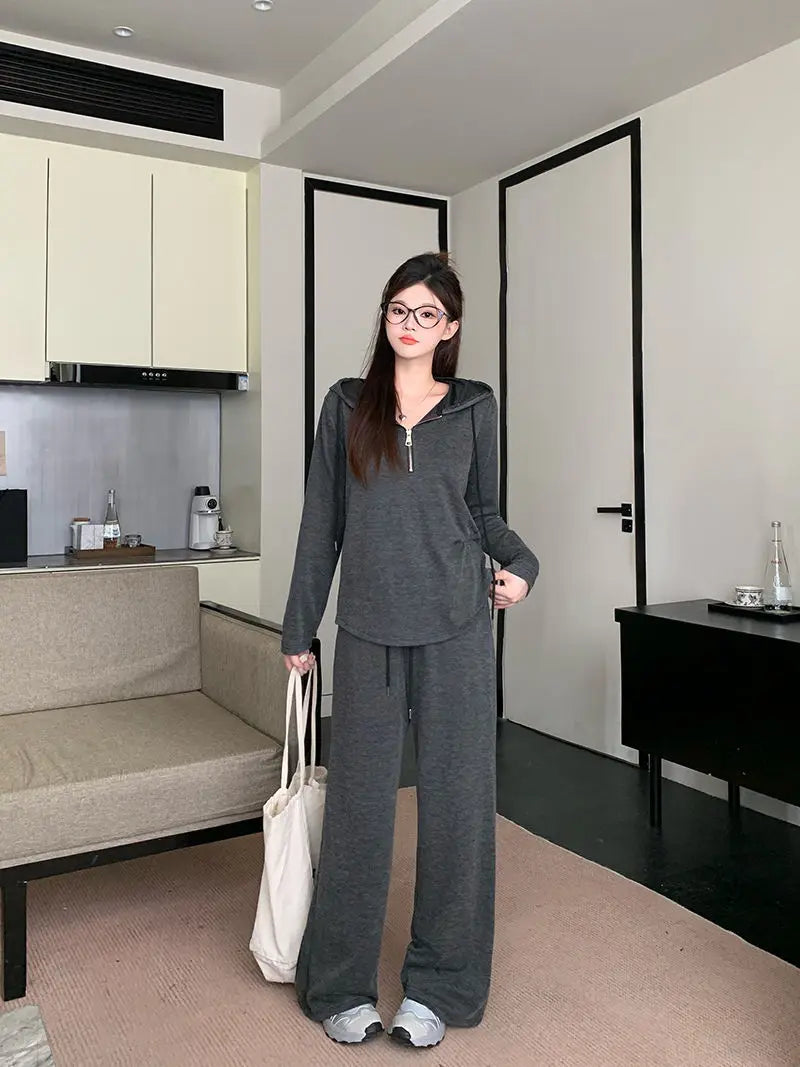 Women's Lazy Style Hooded Sweatshirt Set, Autumn Winter Plus Size Outfit, Casual Slim-fit Korean Wide Leg Pants Two-piece Set