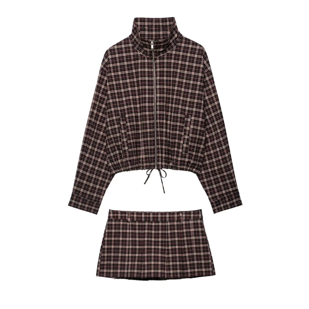 Fashionable Plaid Zipper Coat And Wide Pleat Skirt Set Women's Autumn Arrival Clothing Outfit Matching Checkered Pattern