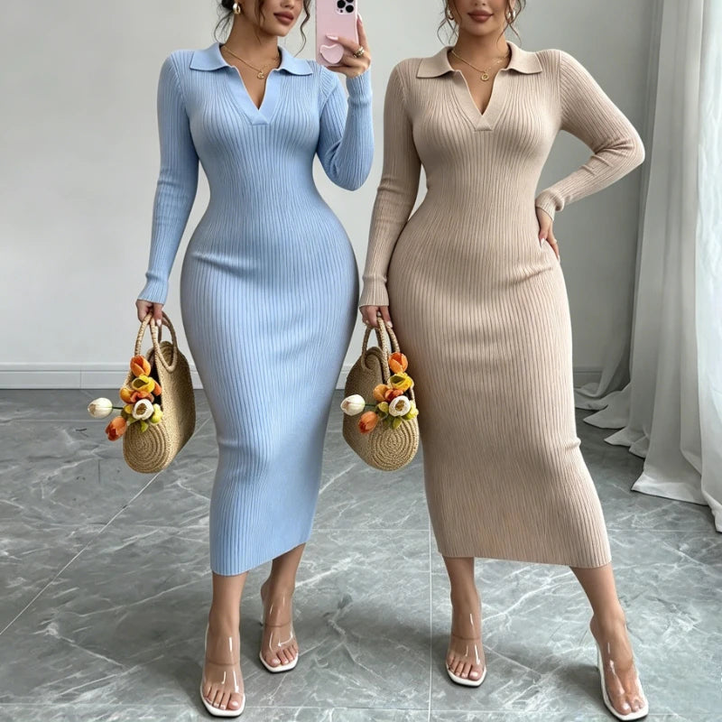 Women Knit Maxi Dress Lapel V Neck Long Sleeve Elastic Bodycon Sweater Dress Elegant Slim Fit Pencil Long Dress Party Outfit