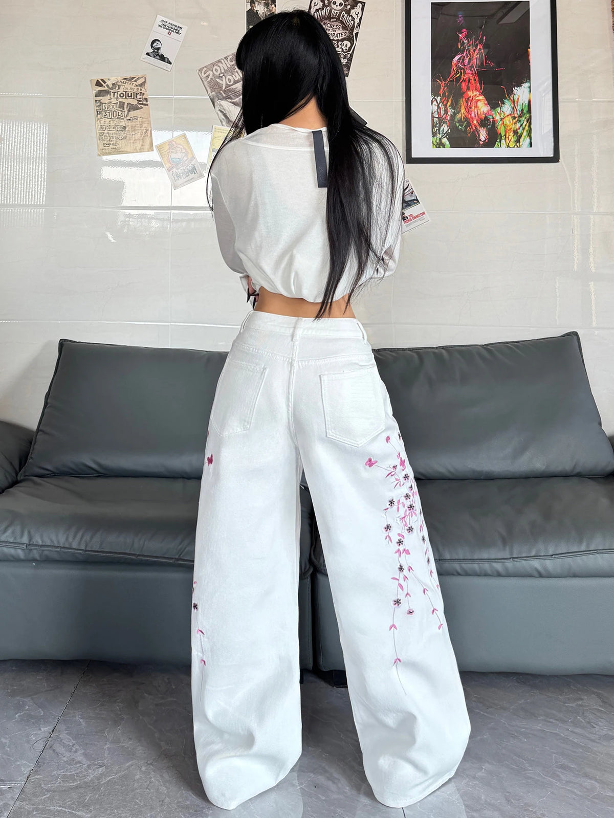 American High-Street Floral Embroidery Design White Women's Baggy Wide-Leg Jeans Vintage Y2K Street Trend Versatile Spicy Pants