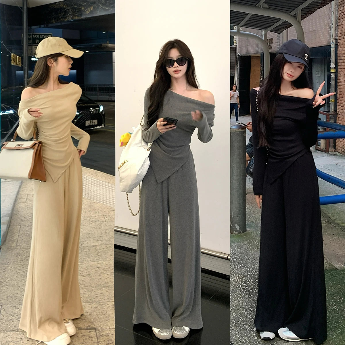 Casual Early Spring Casual Long Sleeve Two-Piece Set Shoulder Baring Wide Leg Pants for Younger Looking Slim Fit Home Date Casual Party