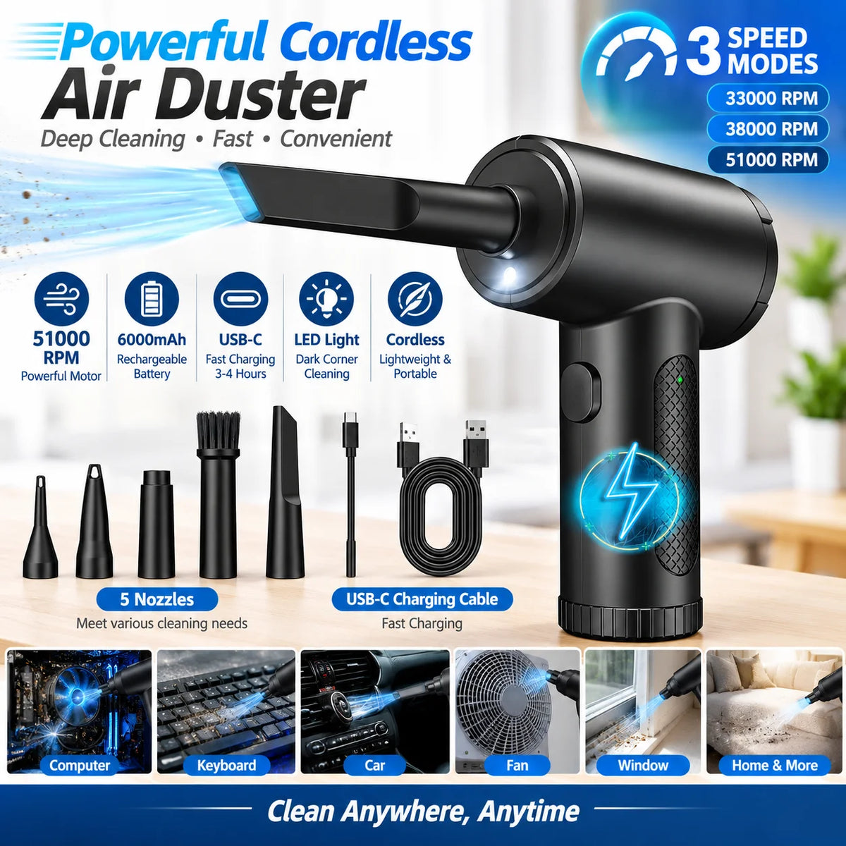 6000mAh Electric Air Duster Rechargeable Cordless Blower, 3 Speed Adjustable Air Cleaner Up to 51000RPM with LED Light, Portable Powerful Dust Removal Tool for PC Computer Keyboard Laptop Electronics Office Home and Car Cleaning