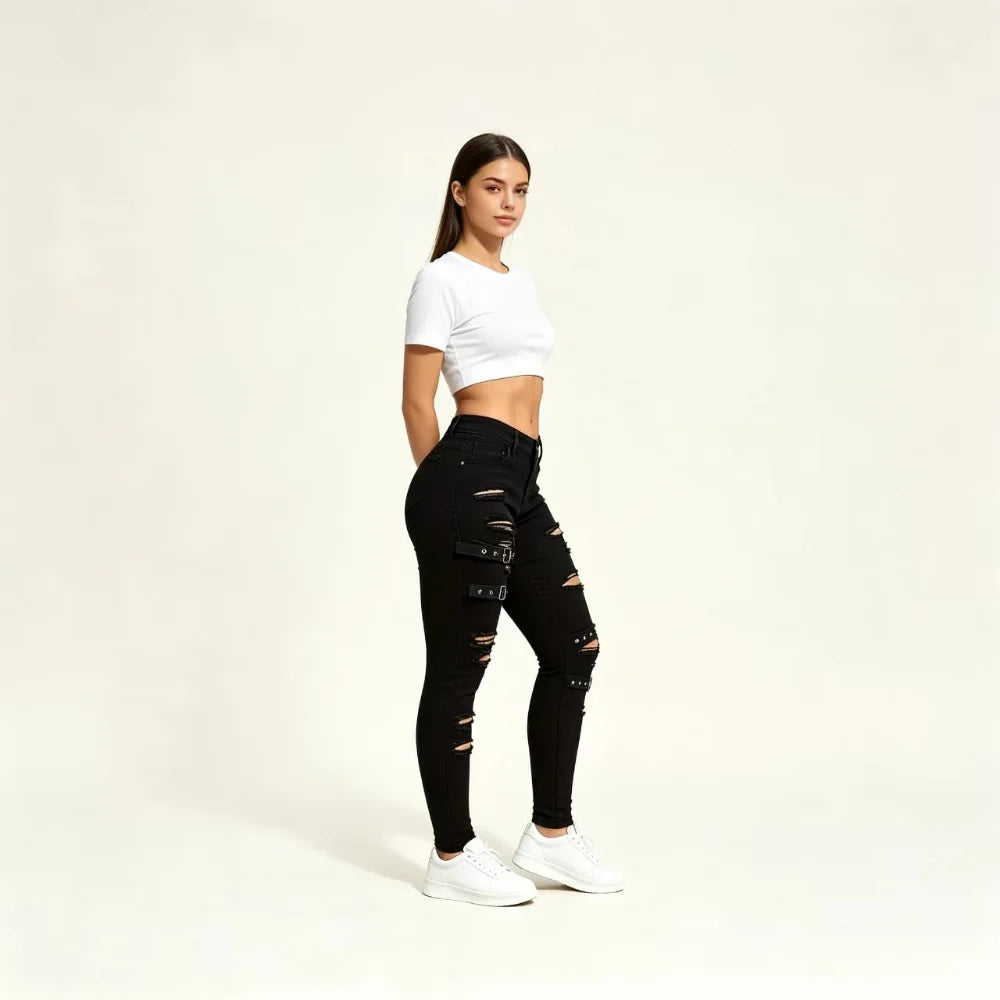 Black Ripped Strap Jeans Female, Punk Functional Wind High Waist Elastic Slim Small Feet Spice Girls Leggings