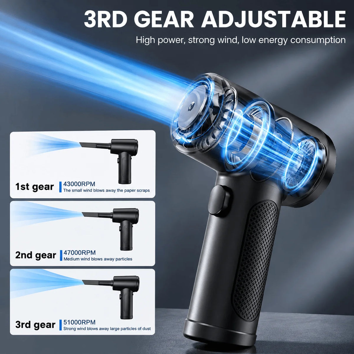 Rechargeable Electric Air Duster, 33000/38000/51000RPM Speeds, 6000mAh Battery, LED Work Light, USB-C Charging, Five Nozzles, for Computer Keyboards, Car Interiors, Fans and Household Dust Cleaning, Black, ABS and PC, 16 x 11 x 4.5cm