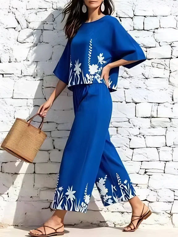 Women Floral Print Two Piece Set 3/4 Sleeve Top Wide Leg Pants Casual Vacation Matching Outfit