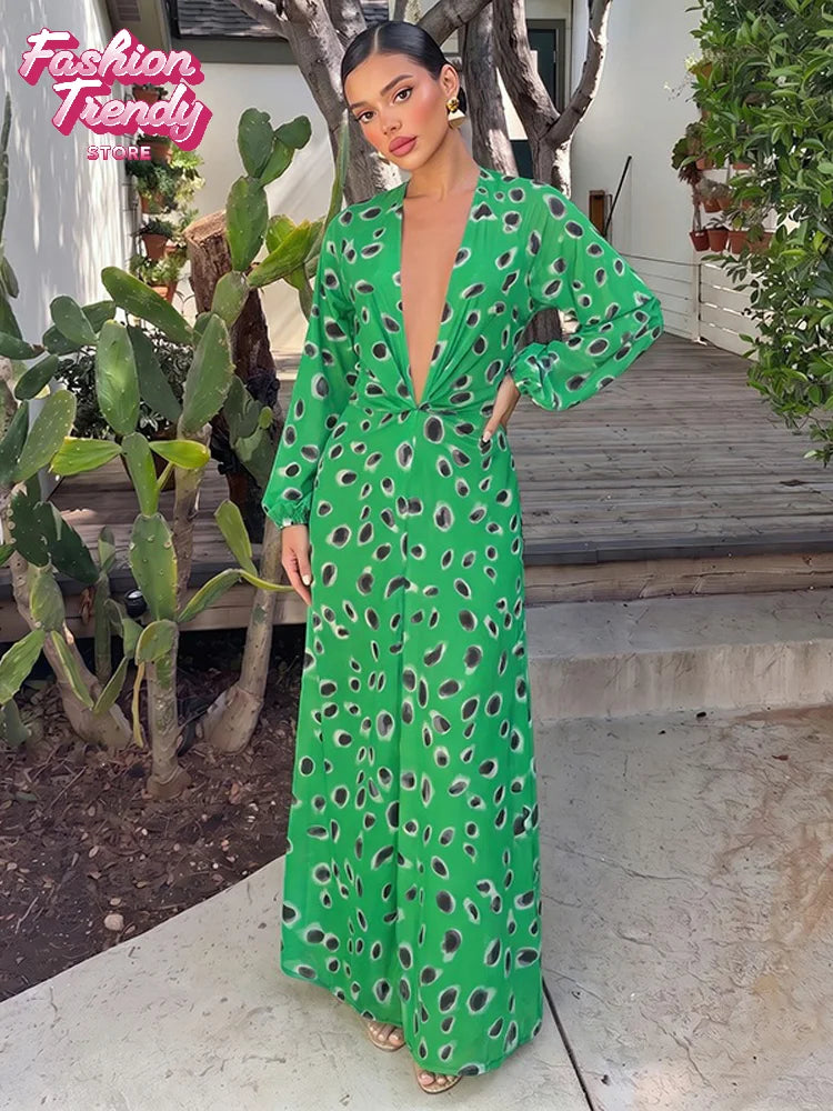 Dress Women Vintage Green Print Dress Loose V-neck Waist-cinching Long Sleeve Print Maxi Dresses Tropicsal Summer Outing Gown 2026