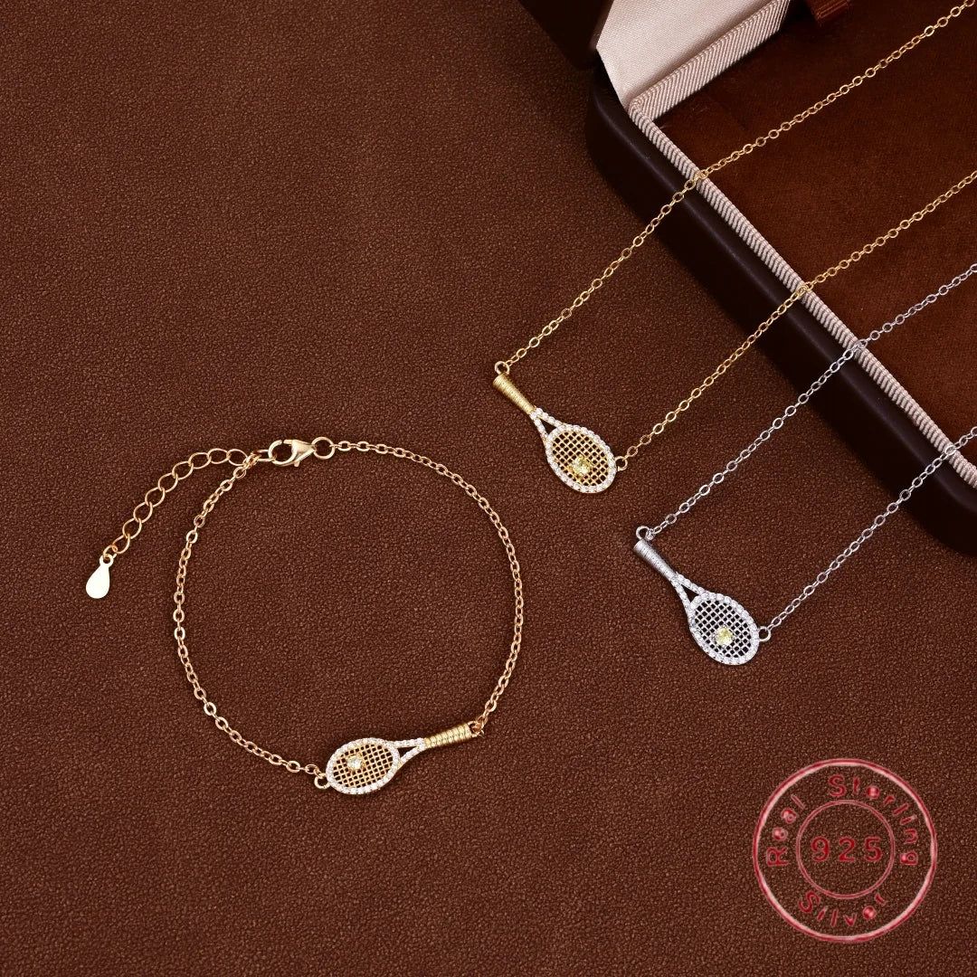 S925 Sterling Silver Inlaid Zircon Tennis Racket Pendant Necklace and Bracelet Set - Women's and Girls' Jewelry Accessories SL56