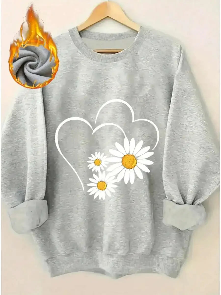 2026 Fashion New Women Crew Neck Pullover Sweatshirt, Thick Lined Cartoon Daisy Print, Warm Long Sleeve Tops, Cold Weather Daily Casual Outfit Basic Top
