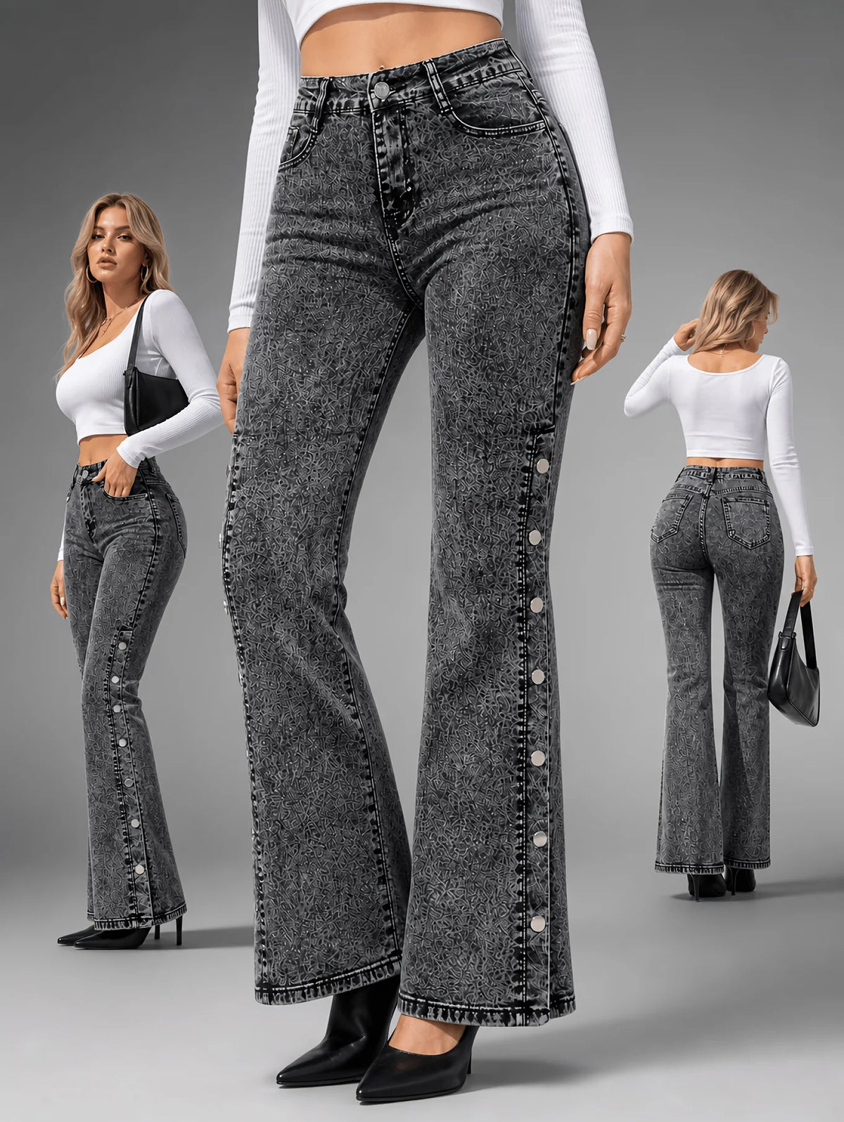 Classic and retro stretch flared jeans for women, with a mid-waist side slit and multi-button design, slimming and lifting the buttocks, elegant and fashionable, versatile, perfect holiday gift, autumn jeans for wo