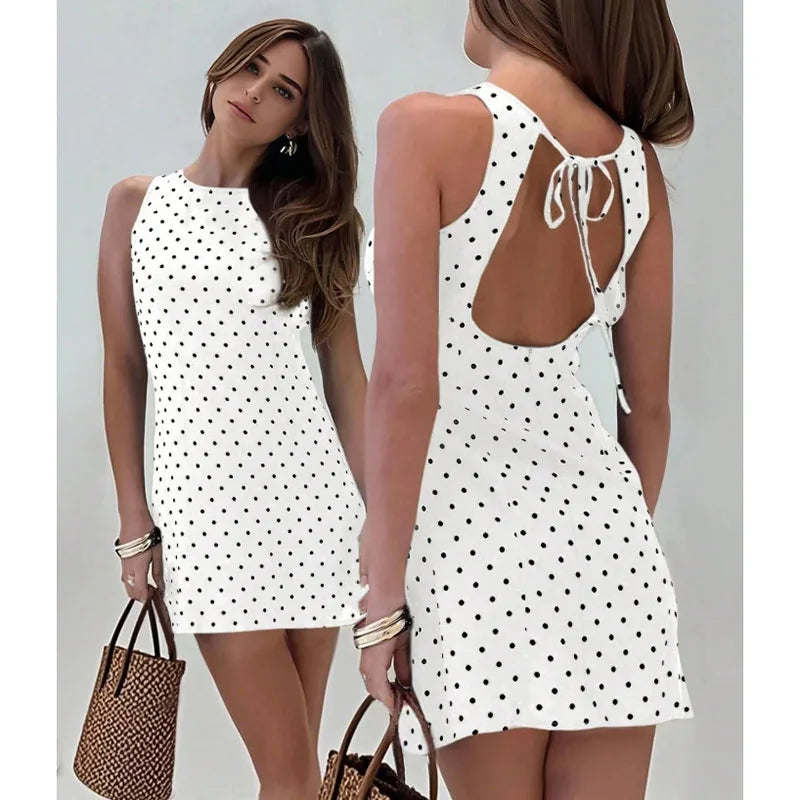 New Women's Polka Dot Printed Dress Fashionable And Sexy Street-Style Sleeveless Mini Dress- Women's Slim-Fit Evening Gown