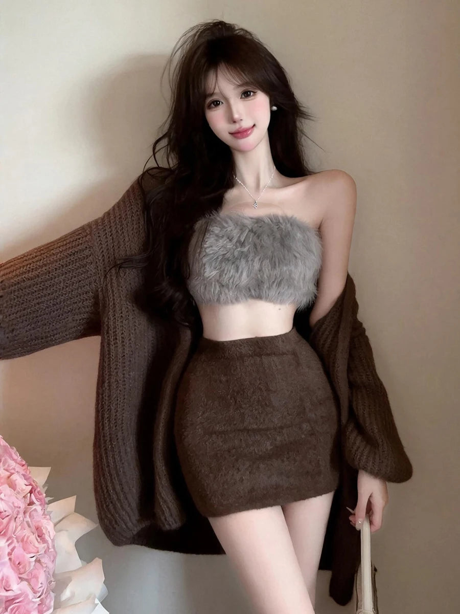 Pure Desire Sexy Girl Plush Wrap Chest Sweater Cardigan Outerwear Short Skirt Three Piece Set Women's Fashion Slim Fit Ensemble