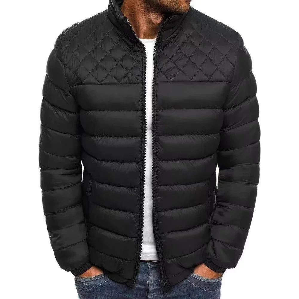 Men's Winter Solid Color Stand Collar Cotton Jacket Coat, Fashion Lightweight Warm Male Cotton-Padded Outwear