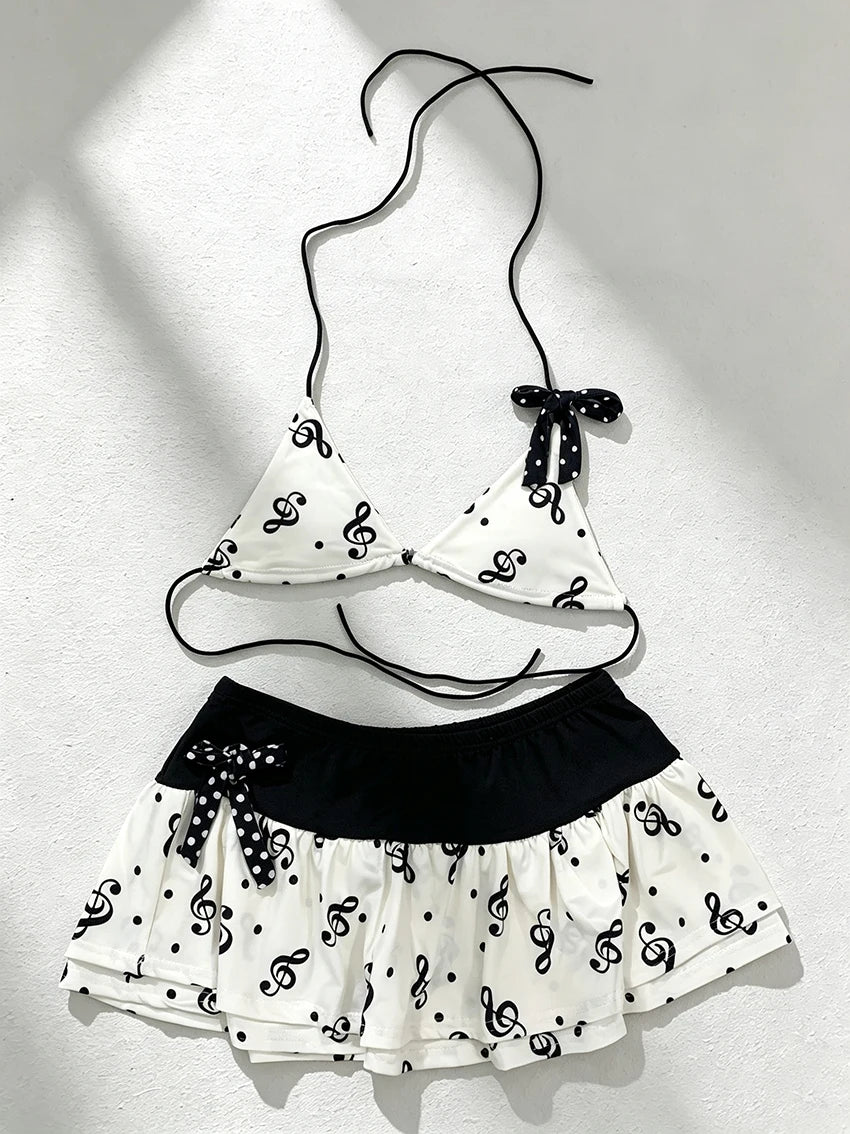 Music Note Print Women Skirted Bikini Sets Halter Neck Bow Decor Swimsuits Summer Beach Holiday Swimwear Two Piece Bathing Suits