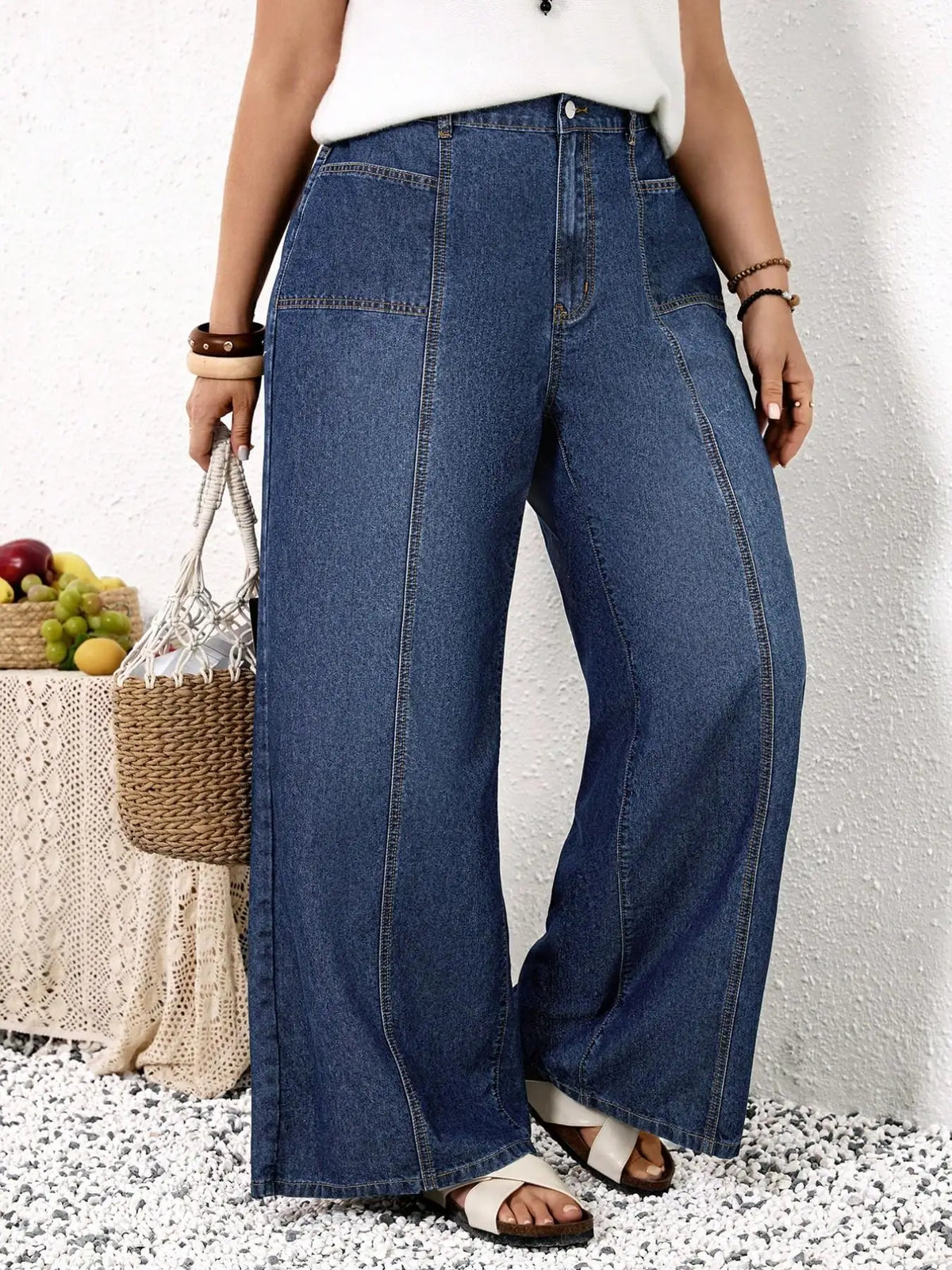 Plus Size Wide Leg Jeans for Women, High Waist Patchwork Design, Loose Fit Denim Jeans, Comfortable and Stylish