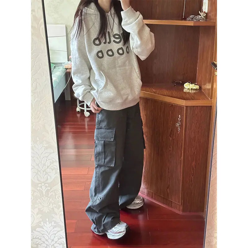 LHH American Style Fleece Hoodie Women's Autumn Winter Korean Version Lazy Letter Student Cap Sweater INS Loose Fit Long Sleeve