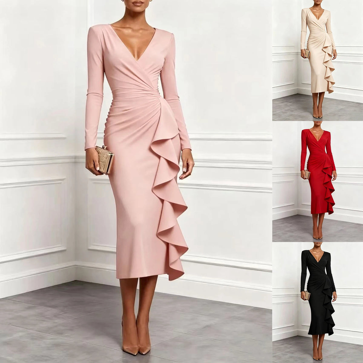 Long Sleeve Plus Size vintage Ruffle in Dresses for Women Casual Spring Autumn Pencil Dress Elegant Clothing