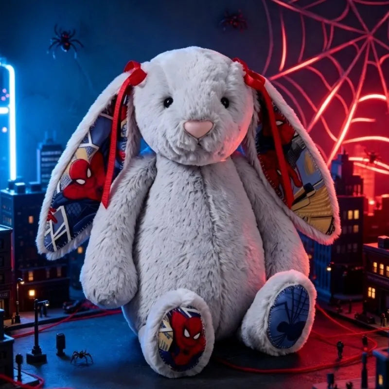 Stuffed Plush Funny Dropping Ear Rabbit Plush Cute Bunny With Spiders Man Print Pattern Stuffed Doll Halloween Christmas Collectors Fans Gift