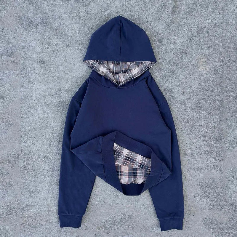 casual unisex American hip hop plaid hooded loose top long sleeve Y2K vintage warm comfortable Joker Two-sided pullover