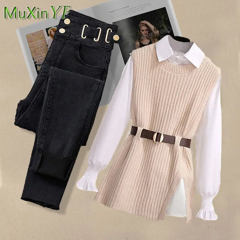 2026 Spring Korean Elegant in Matching Set Women's Fashion Knitted Vest+Shirt+Jeans Three Piece Female Chic Denim Pants Suit