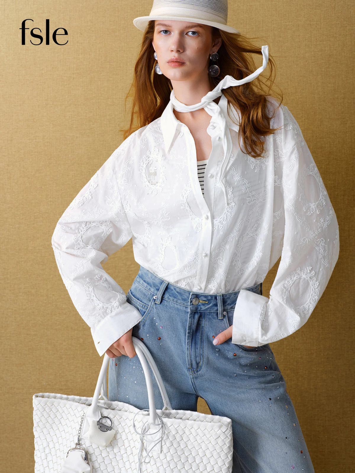 Set FSLE【Premium Series】Women Vintage Maximalist Embroidered White Blouse Skirt Set Romantic Ruffle Sleeve Shirt Heritage Chic Style