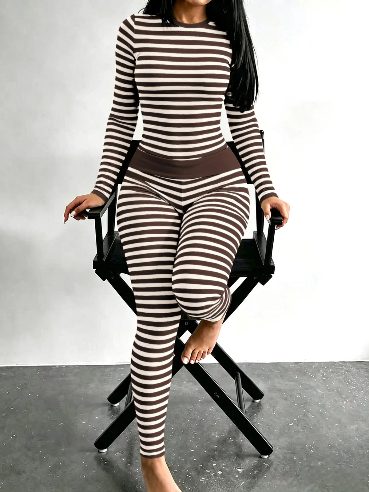 Women's Round Neck Striped Dual Color Long Sleeve Long Pants Fitness Casual Set Tight Home Wear 2026 European And American Cross