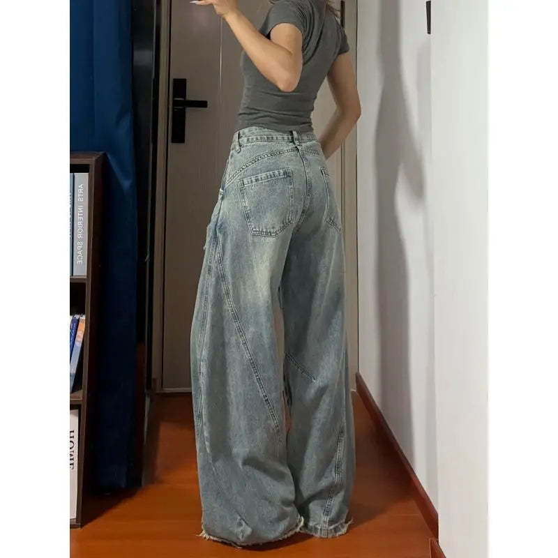 2026 Distressed Wide Leg Denim Jeans Women's High Waist Straight Cut Comfortable Casual Stylish Torn Hole Design