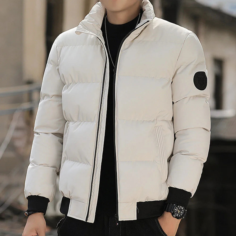 Men Stand Collar Puffer Jacket Solid Color Zip Up Warm Winter Coat Casual Lightweight Bubble Outwear With Circle Patch