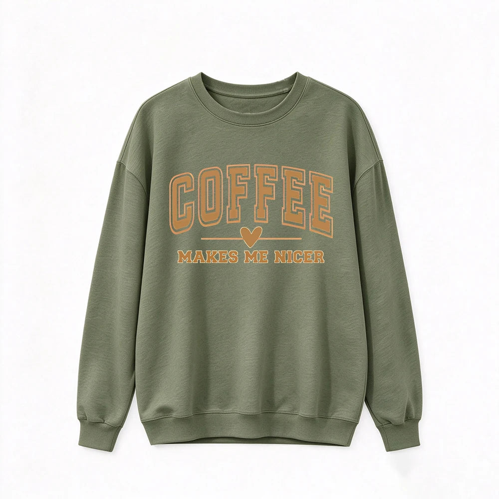 **Women Crewneck Sweatshirt Lightweight Coffee Print Funny Graphic Letter Pullover Casual Relaxed Fit Minimalist Versatile Plus Size for Coffee Lovers Spring Fall Machine Washable Daily Wear**