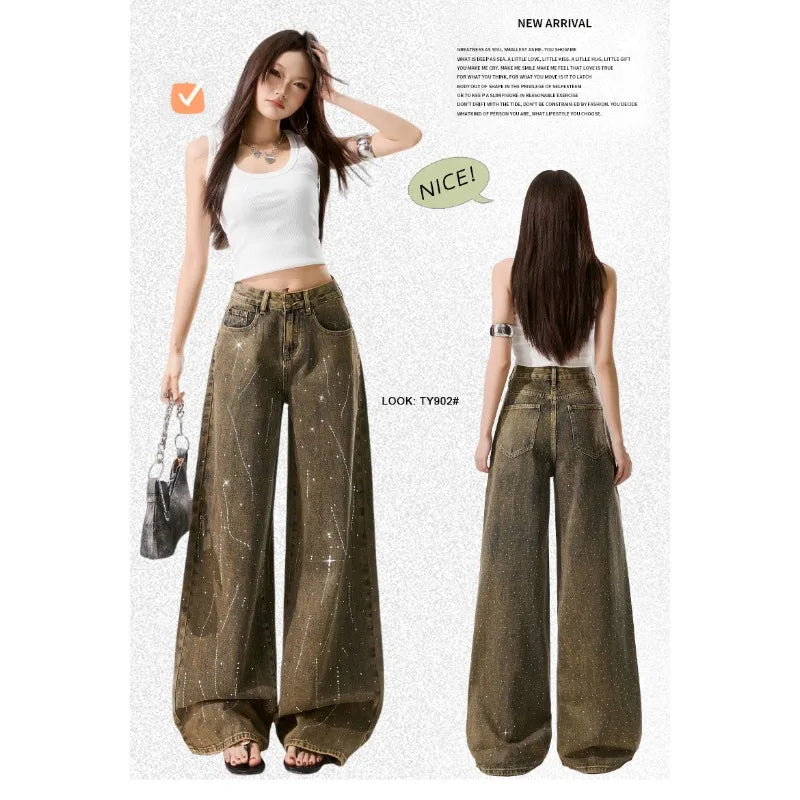 Women's Korean Style Loose Rhinestone Wide Leg Jeans 2026 Summer Vintage Wash American Retro Casual Streetwear Denim Pants