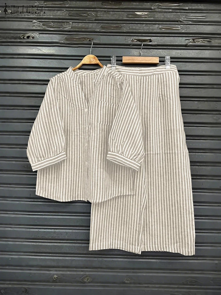 ZANZEA Vintage Women Matching Sets Elegant Striped Pant Sets 2025 Autumn V-Neck 3/4 Sleeve Shirts and Casual Long Pants 2PCS