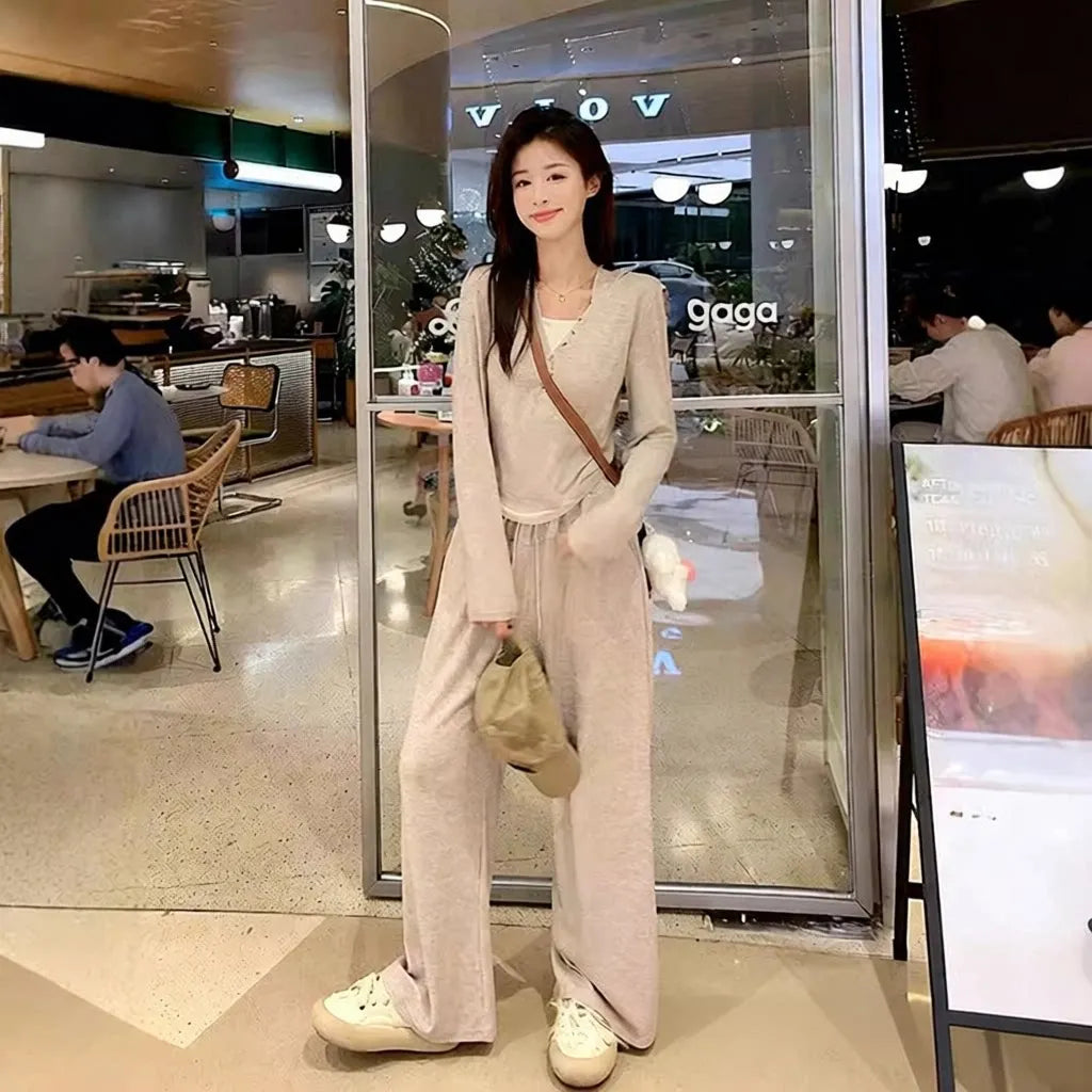 New Autumnal Women's Casual Sportswear Set Fake Two-Piece Long Sleeve Top High Waist Wide Leg Pants Comfortable Polyester