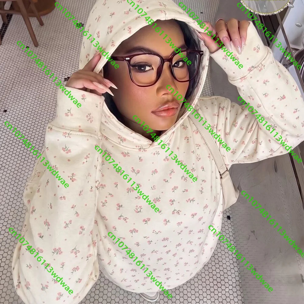 Kpop Women's Fashion Street Casual Minimalist Style Ditsy Floral Pattern Hoodies For Autumn Winter Comfortable Casual Sweatshirt
