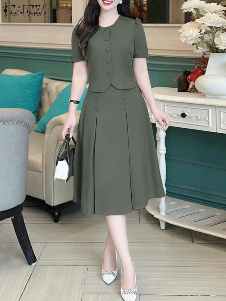 Pleated Skirts Sets Women Short Sleeve Shirts With Skirts Fashion Outfits 2025 ZANZEA Casual Korean Japanese Style Matching Sets